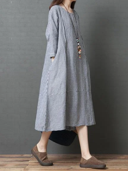 Loose Plaid Round-neck Long Sleeves Dress