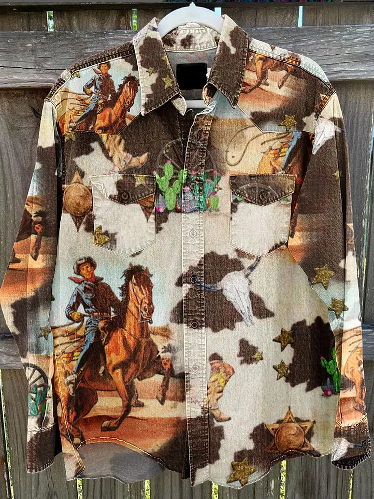 Vintage Western Seamless Pattern Print Casual Shirt