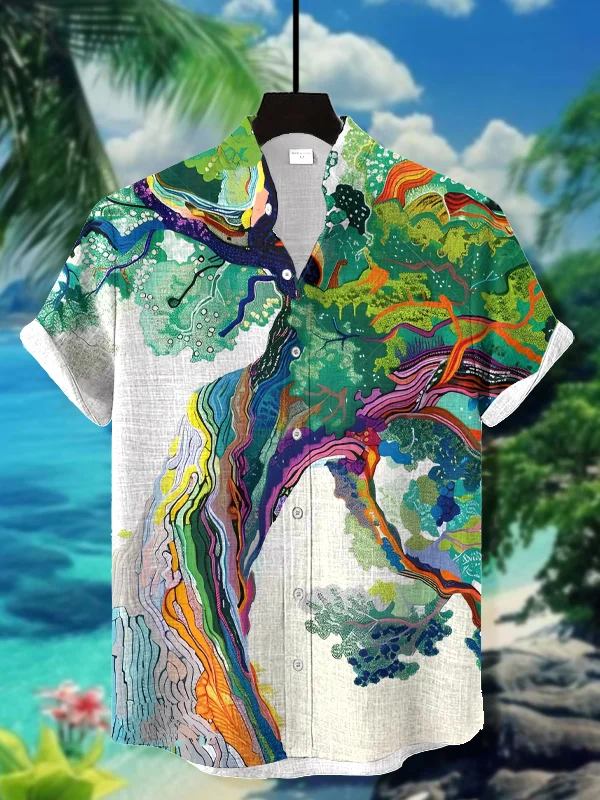 Men's Hippie Art Colorful Tree Print Short Sleeve Shirt