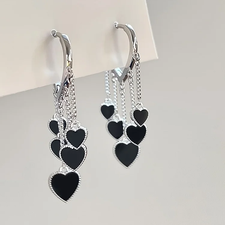 1 Pair Fashionable Black LOVE Heart Tassel Earrings For Women New Cute Girls Creative Hanging Party Hoop Earring Jewelry
