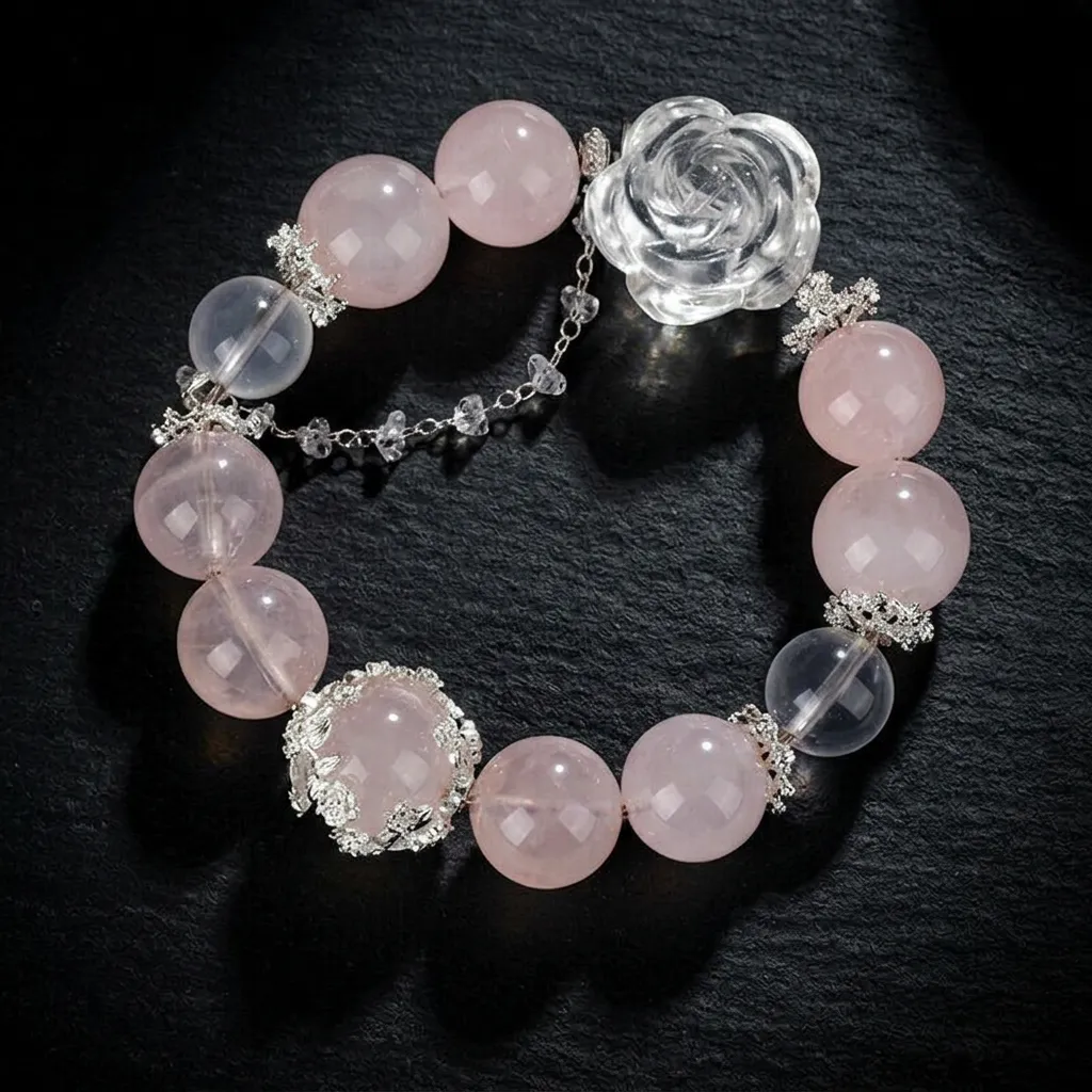 JiStones Celestial Bloom: Natural Rose Quartz & Hand-Carved Clear Crystal Peony Bracelet Blush Rose & Ethereal Clear Peony