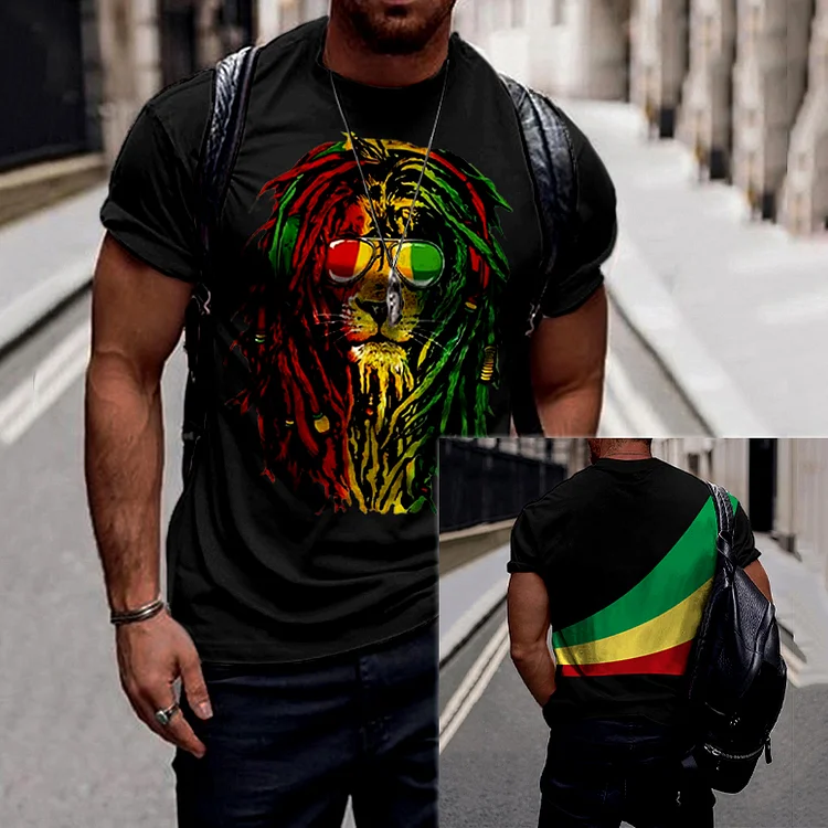 BrosWear Reggae Lion Stripe Color Contrast Short Sleeve T Shirt