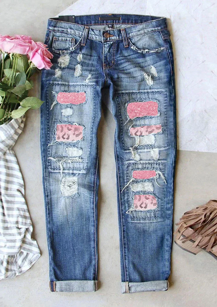 Glitter Leopard Ripped Hole Button Denim Pants - Blue socialshop