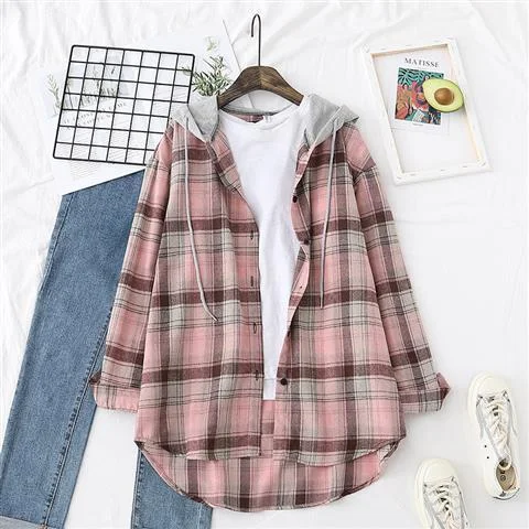 Spring Autumn 2021 New Plaid Shirts Womens Blouses Long Sleeve Lady Checked Tops Loose Hooded Female Outwear Casual Clothes