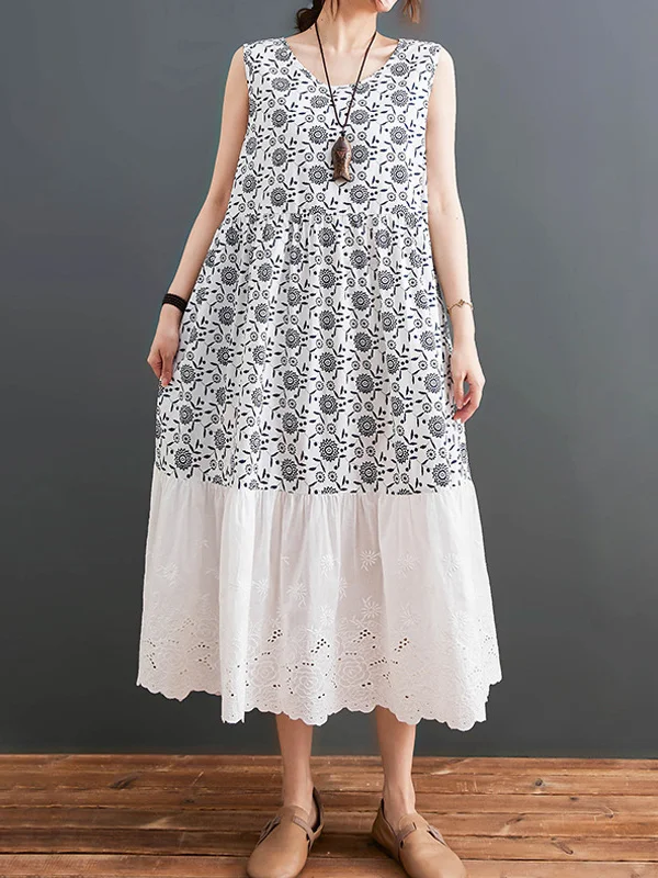 Ethnic Style Loose Stitching Printed Sleeveless Dress