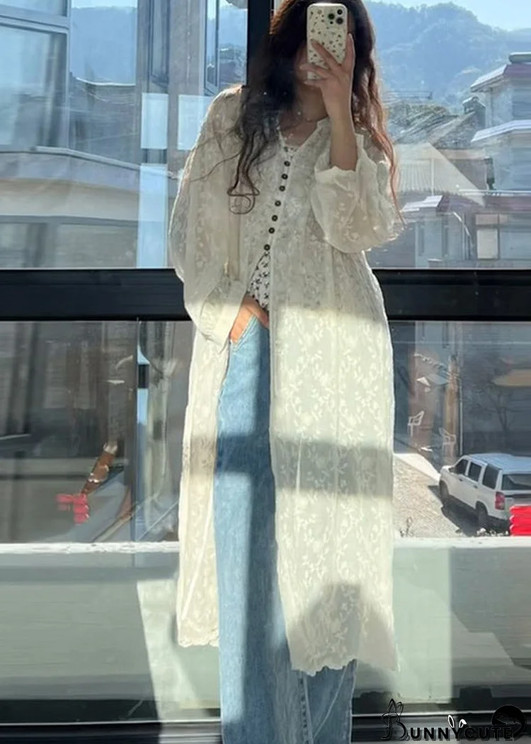 Italian Beige Hollow Out Embroideried Patchwork Lace Cardigan Fall