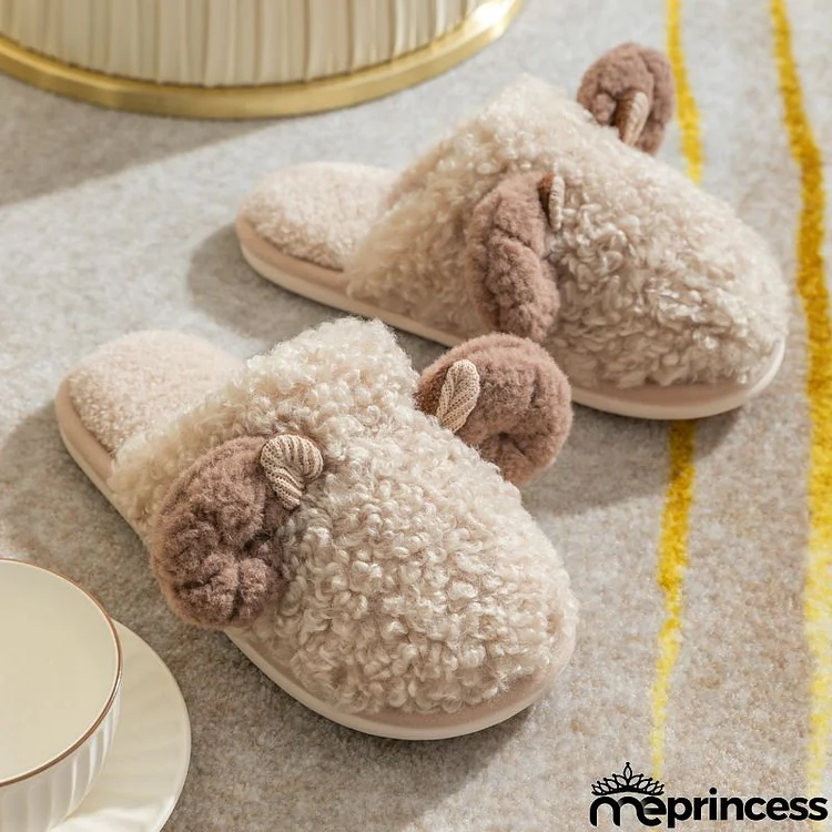 Couple Cute Cartoon Sheep Ear Design Winter Warm Plush House Slippers