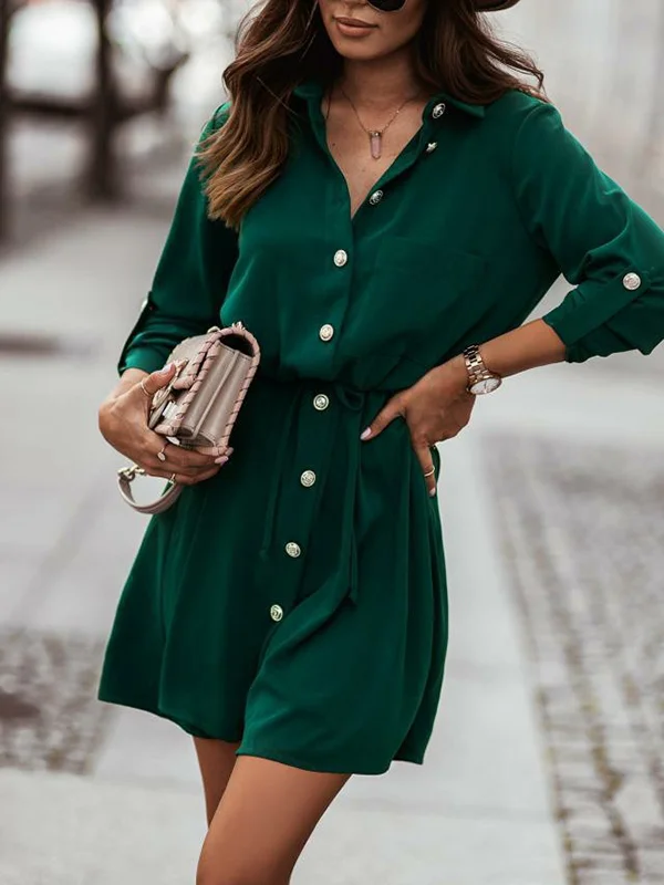 Minimalist Long Sleeves Roomy Drawstring Pure Color Lapel Collar Mini Dresses