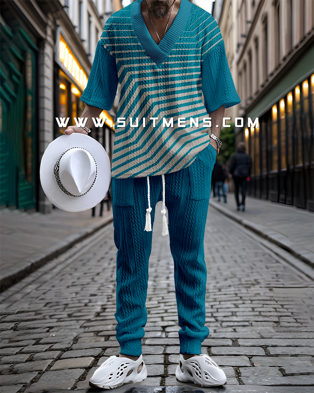 Men's V-Neck Luxurious Colorblock Textured Print Trouser Set 024