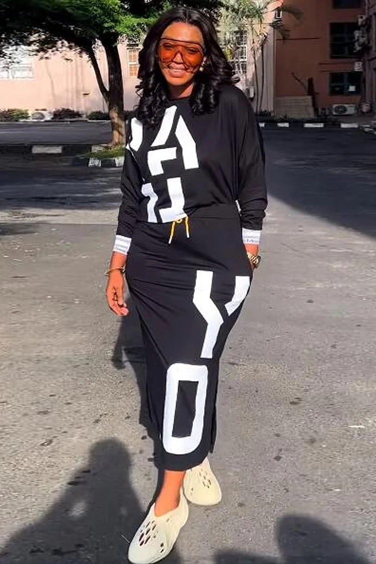 Abstract Letter Print Long Sleeve Top Drawstring Pocket Midi Skirt Matching Set