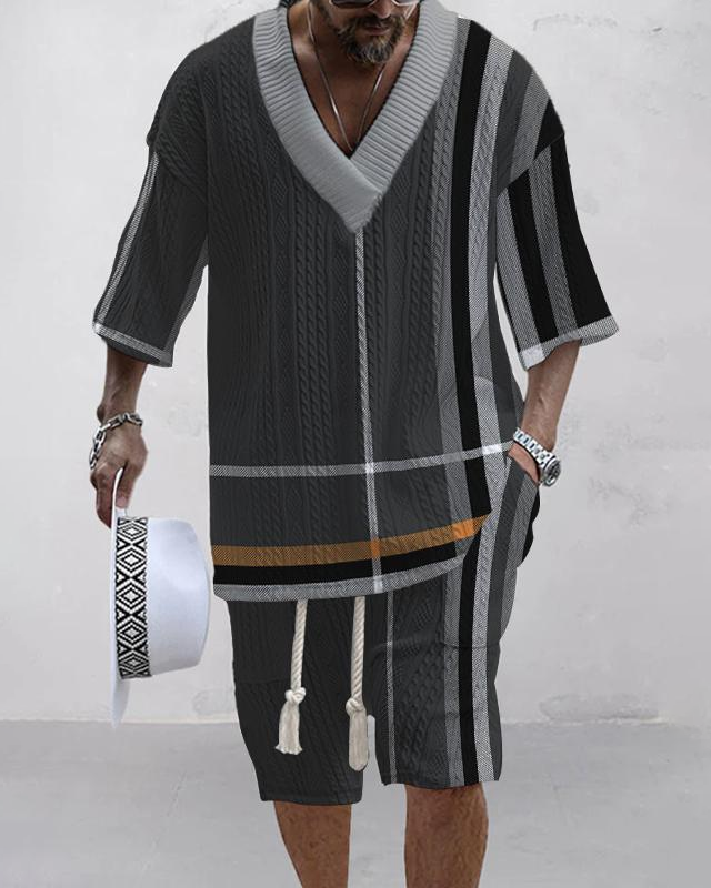 Men's V-neck luxury textured print shorts Set 030