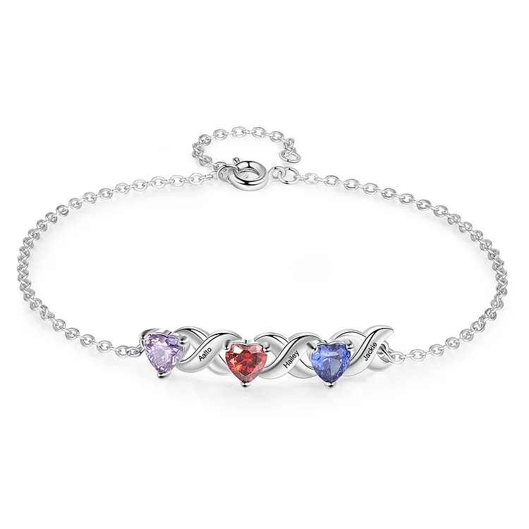 To My Mom Family Custom Bracelet Heart Personalized with 3 Birthstones Mothers Gifts