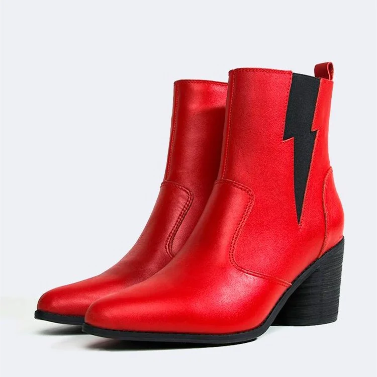 Red and Black Lightning Block Heel Ankle Boots |FSJ Shoes