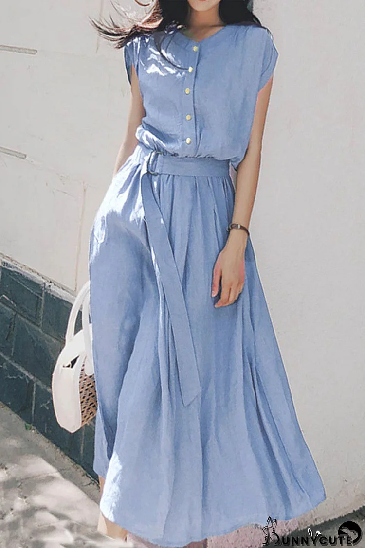 Elegant Solid Frenulum Buttons O Neck A Line Dresses