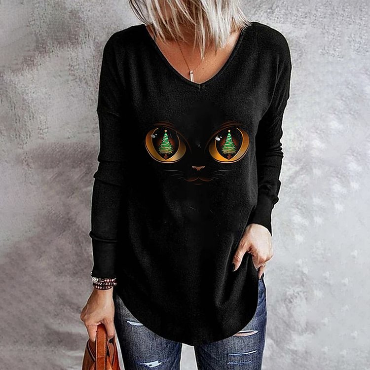 Vefave Casual Cat Christmas Tree Print Long Sleeve T-Shirt