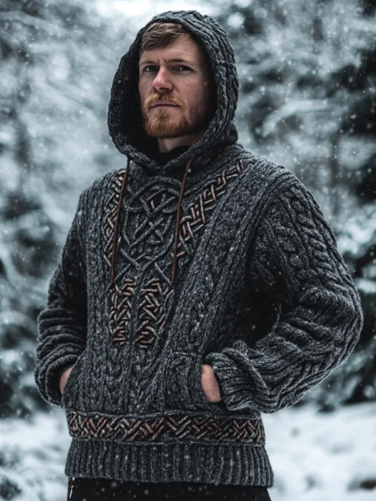 Men's Vintage Viking Inspired Celtic Jacquard Hooded Sweater