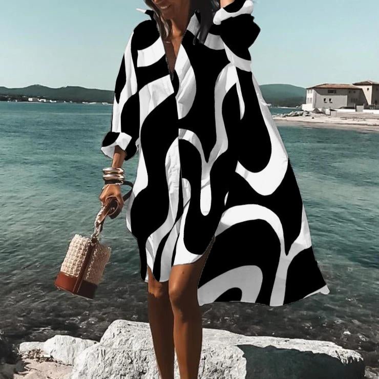 VChics Color Block Wavy Printed Shirt Long Sleeve Midi Dress