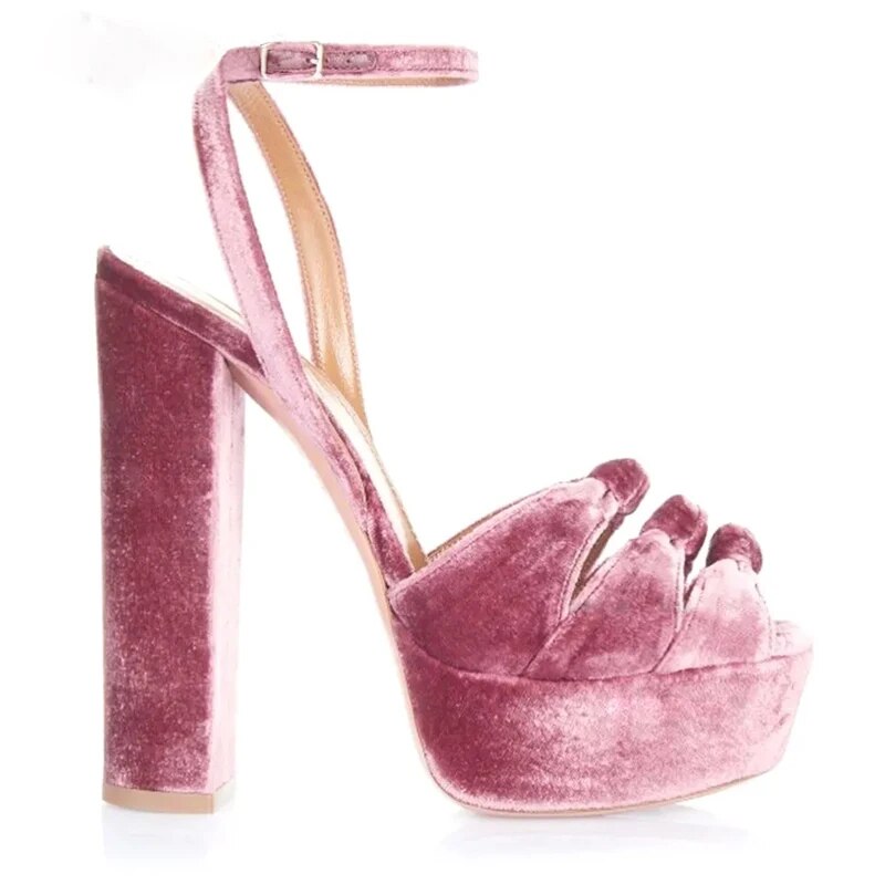 VCSHOES Woman Platform Peep Toe Three Knot Velvet Sandals Chunky High Heels Ankle Strap Banquet Shoes Bow Outfit Sandalias