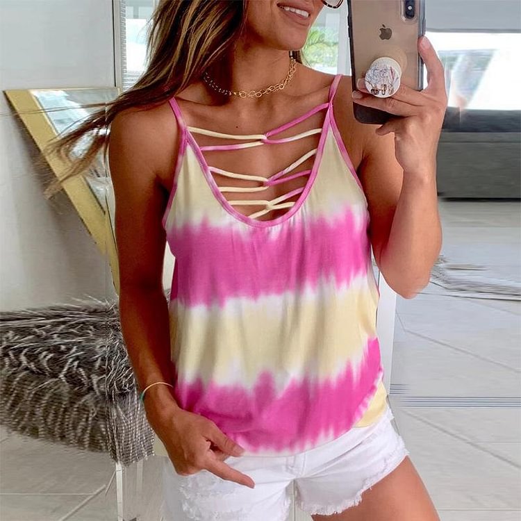 Womens Tie-dye Color Sleeveless Vest T-shirt