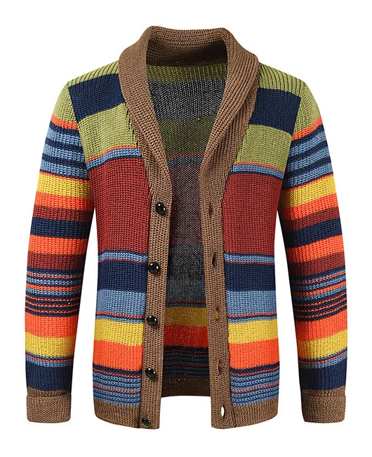 Fashion Colorblock Striped Shawl Lapel Single Breasted Knitted Sweater 