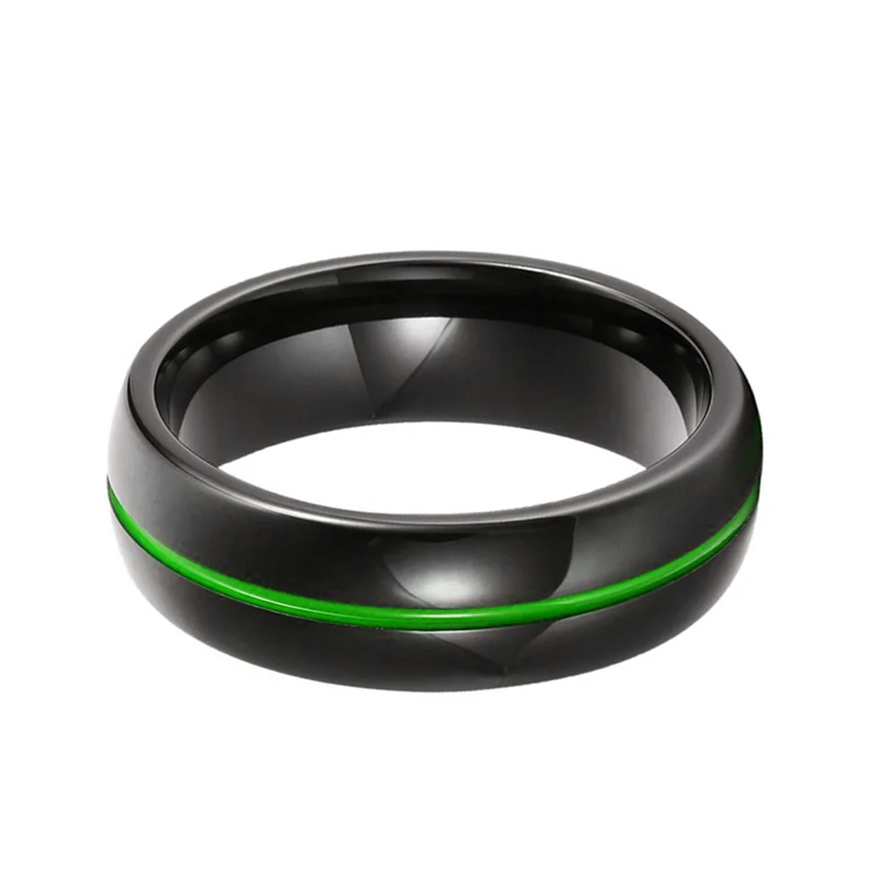8MM Black Tungsten Mens Ring Dome High Polished Groove Drop Of Green Blue