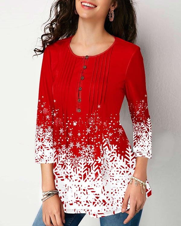 Printed Button Front 3/4 sleeve Blouse