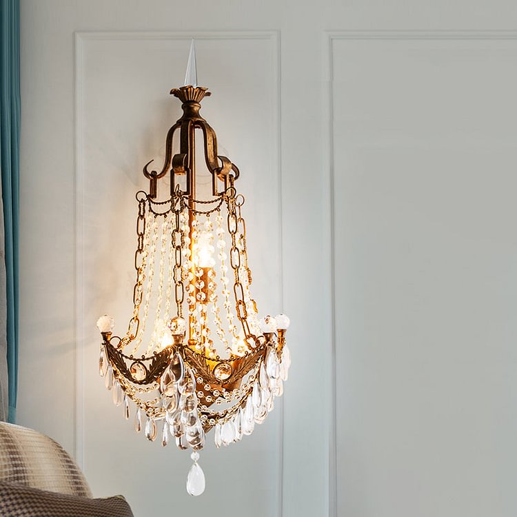 3 Lights Wall Mounted Light Countryside Beaded Crystal Sconce in Antique Brass for Living Room