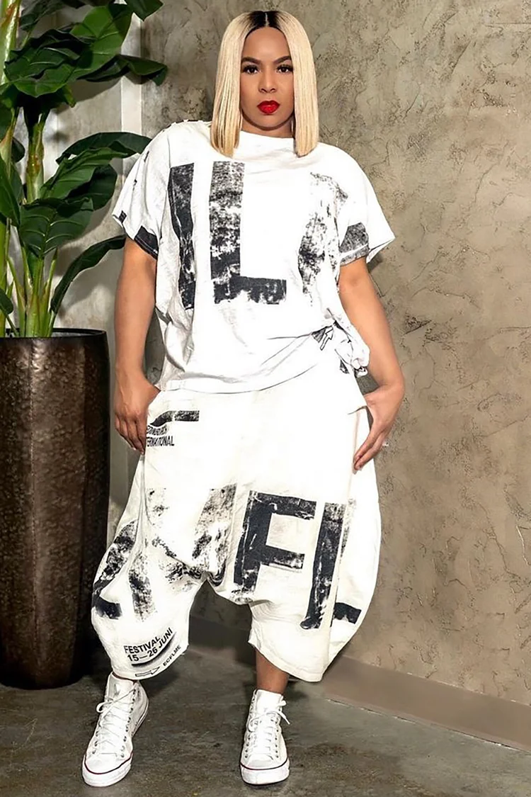 Letter Print Short Sleeve T-shirt Pocket Harem Pants Two-Piece Set