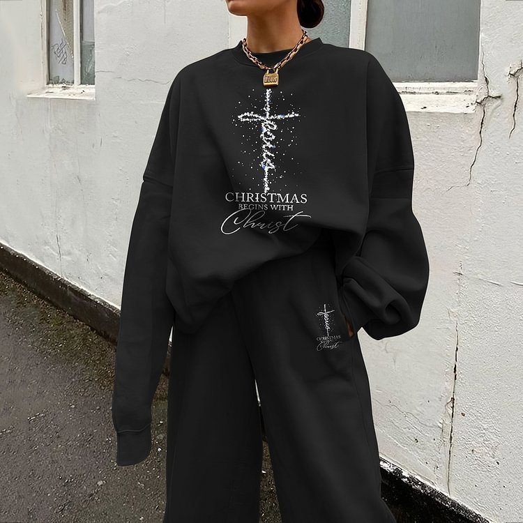 Comstylish Women's Jesus Christmas Begins With Christ Print Sweatshirt Two Piece Set