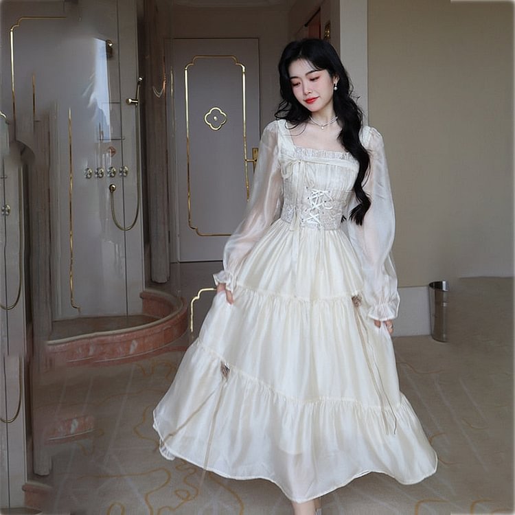 Princess Shiny Square Collar Lace Up Waist Ruffled Hem Long Sleeve Dress