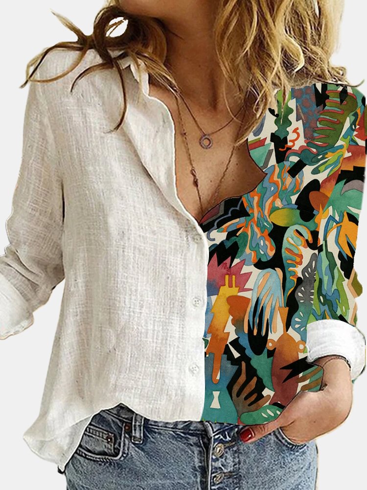 Print Patchwork Button Lapel Collar Shirt For Women P1745145