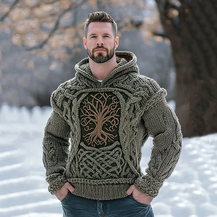 Men's Viking Tribal Life Of Tree Inspired Chunky Knit Hooded Sweater