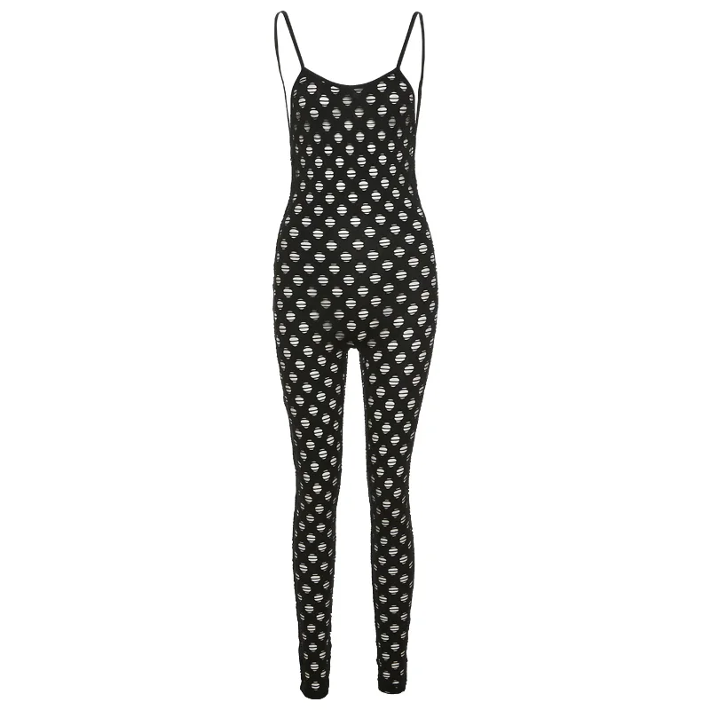 QJONG Kliou Hollow Out See Through Jumpsuit For Women Solid Sexy Sling Skinny Cleavage Net Plaid Hole Stunning Midnight Club Rompers