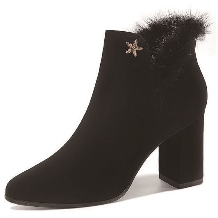Black Accessories Decorated Furry Block Heels Ankle Boots |FSJ Shoes