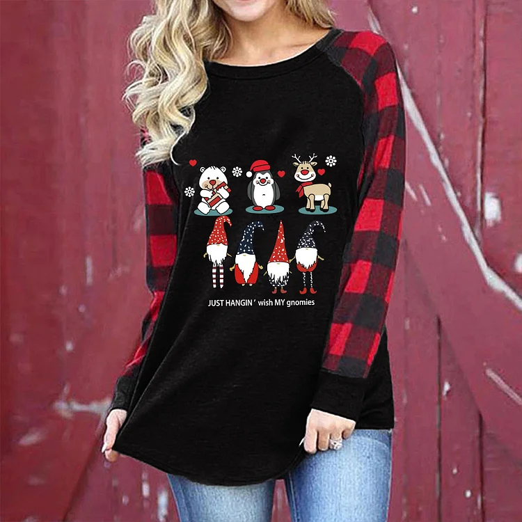 Christmas Elk Striped Plaid Sleeve Loose T-Shirt