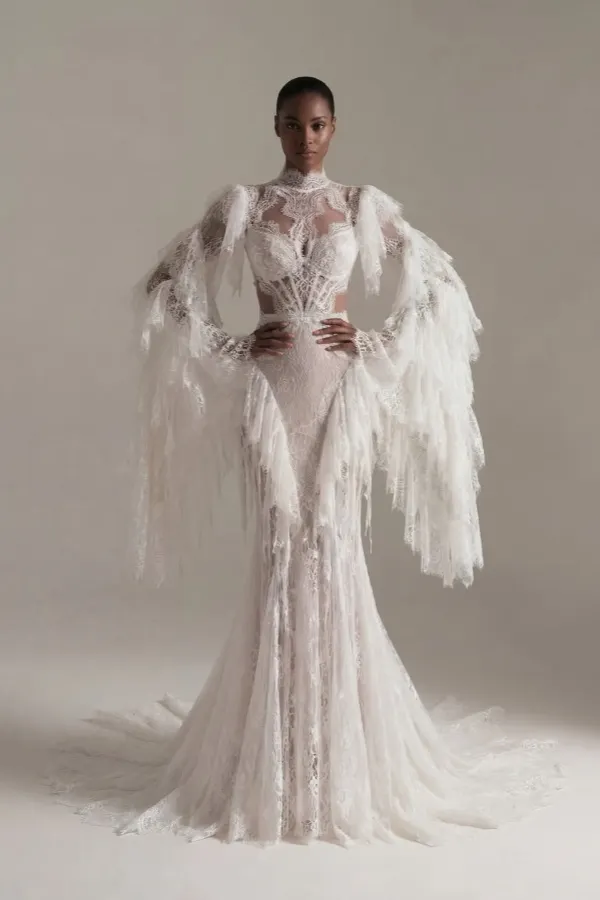 Lussooy Elegant White Lace High Neck Ruffles Long Sleeves Mermaid Prom Dress