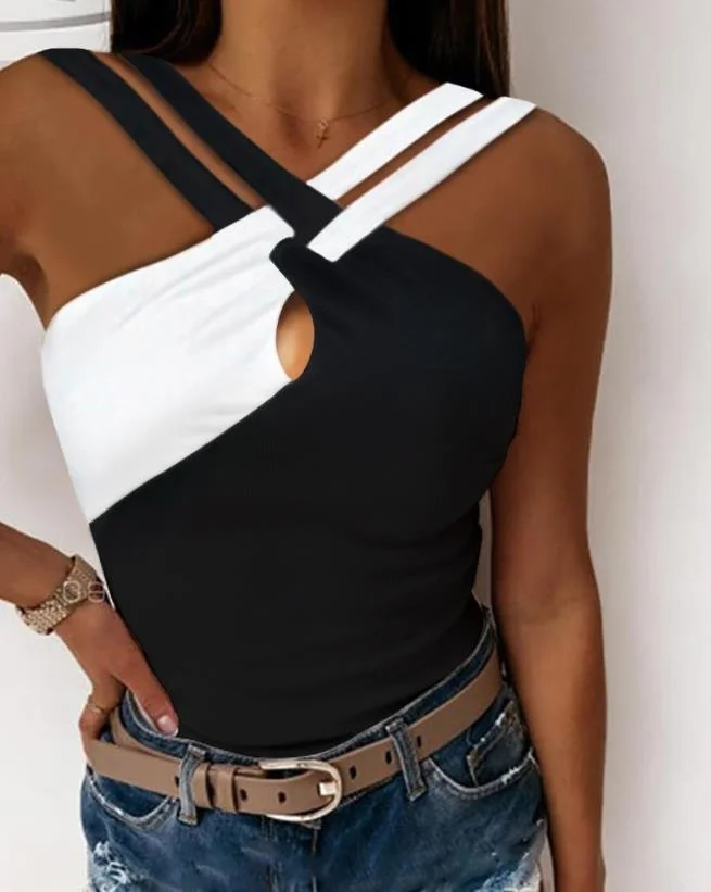 tlbang 2023 Casual Summer Sexy Sleeveless Colorblock Crisscross Halter Skinny Tank Top Female Clothes T-Shirts Pullover Tops
