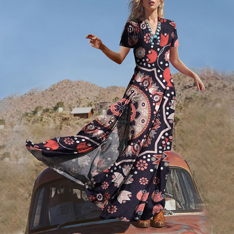 Ethnic Floral Print Slit Vintage Maxi Dress