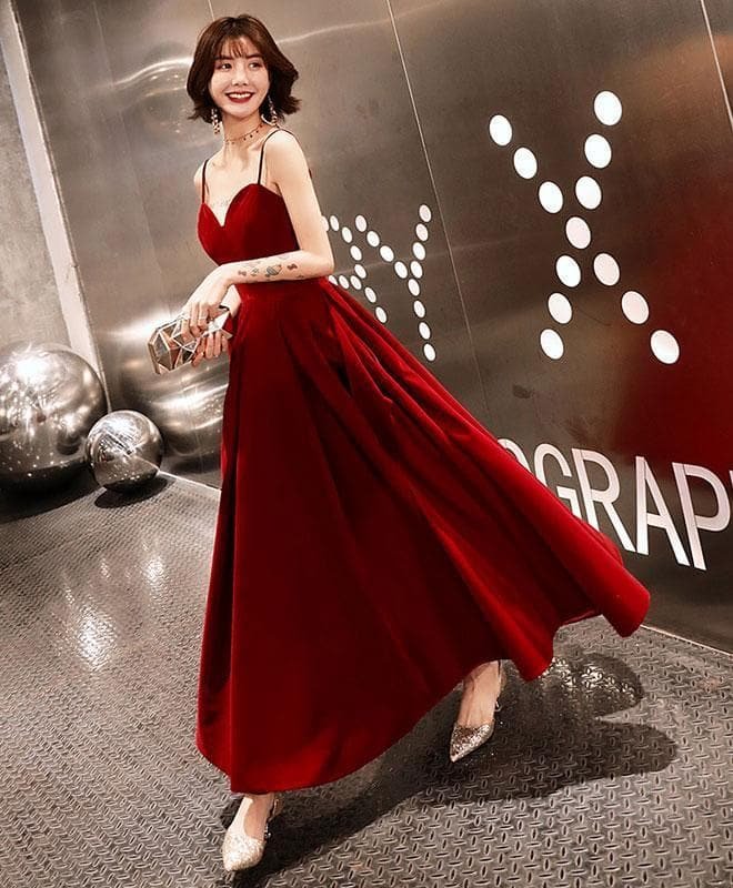 Burgundy Sweetheart Tea Length Prom Dress, Burgundy Bridesmaid Dress A001