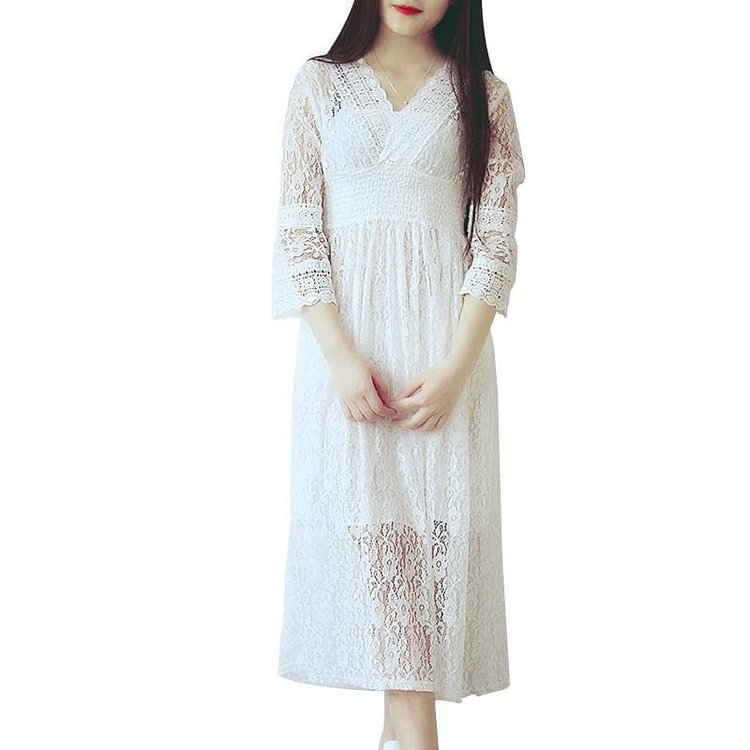 S-XL White Elegant Lace Long Sleeve Dress SP166690