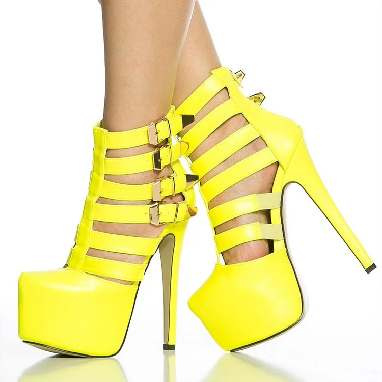 Yellow Platform Booties Sexy Stiletto Heel Strappy Boots with Buckles |FSJ Shoes