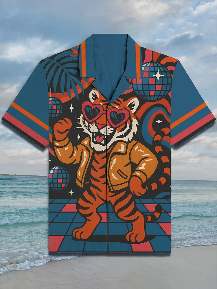 Men's Disco Tiger Art Print Vacation Shirt