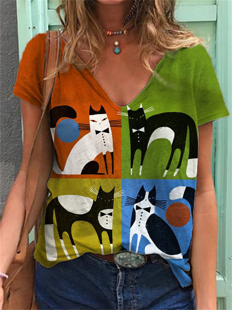 Cats Colorblock Art V Neck T Shirt