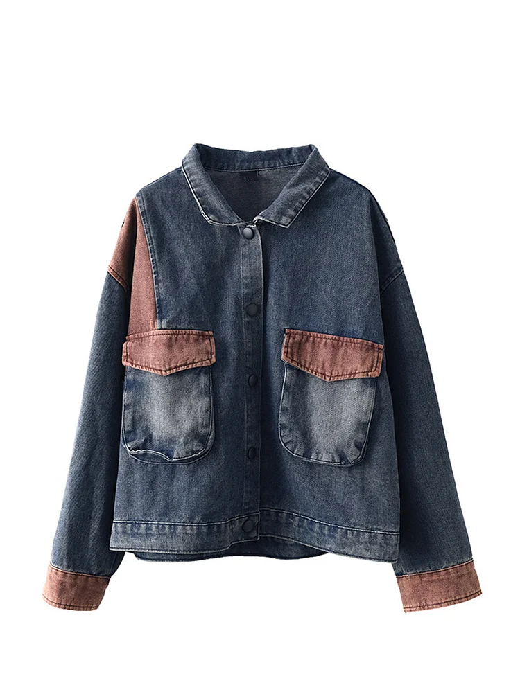 Wpmen Spring Retro Patchwork Button Pocket Denim Coat