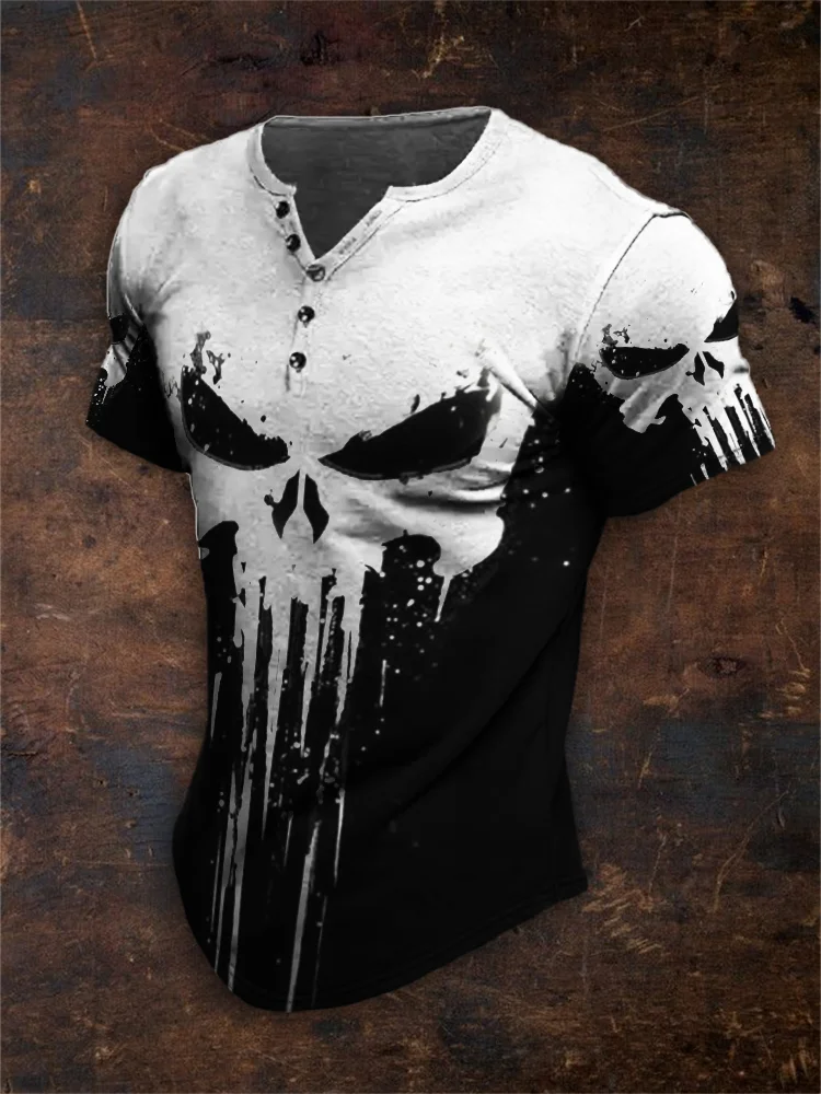 Men's Skulls Graffiti Contrast Color Henley Shirt