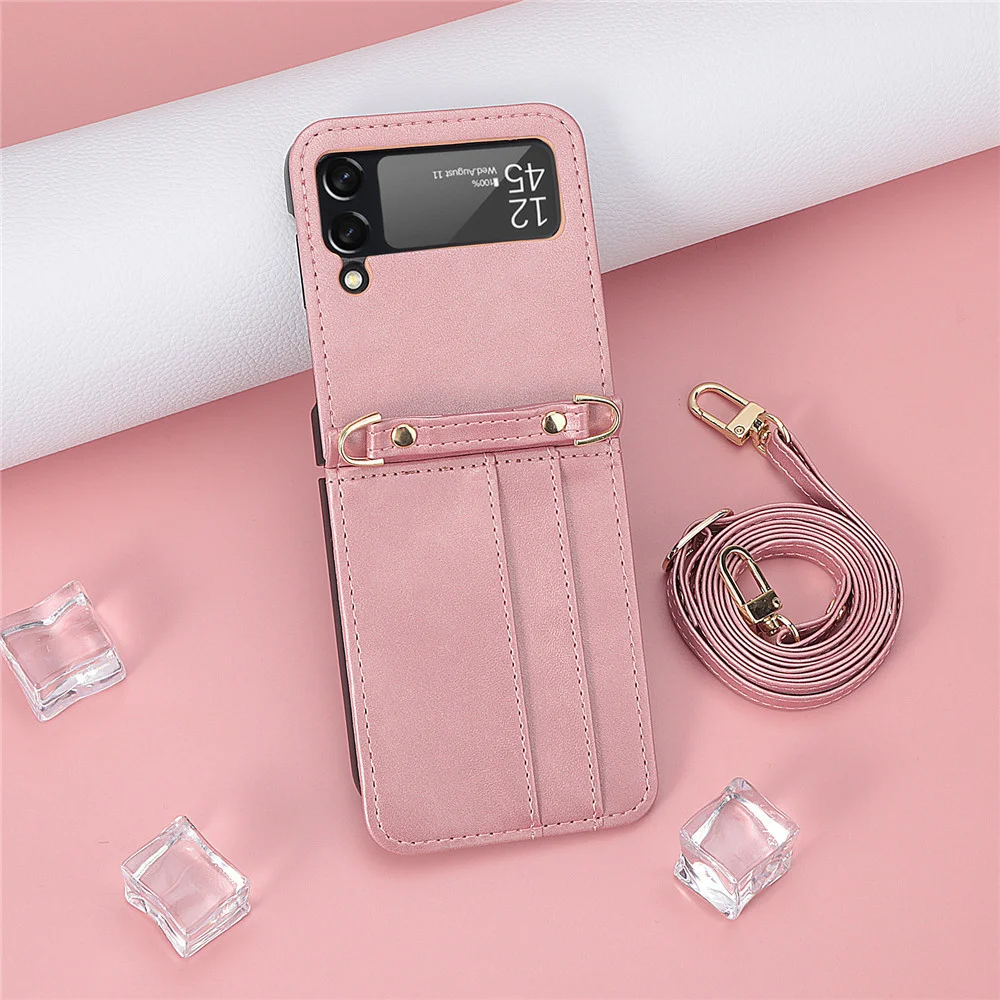 Retro Leather Phone Case With Shoulder Strap Card Holder For Galaxy Z Flip3