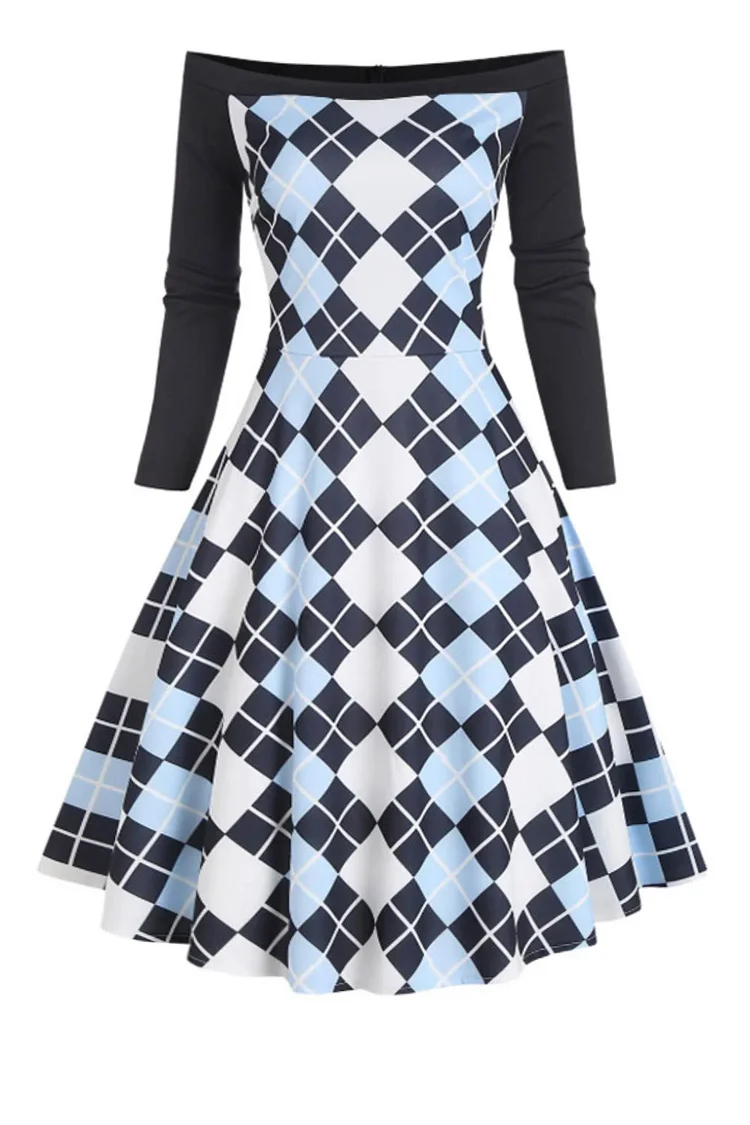Gothic Light Grey Casual Off Shoulder Plaid Long Sleeve Midi Dress