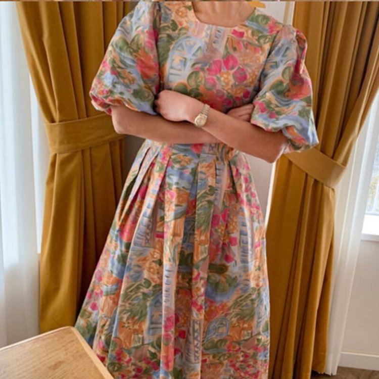 new printed pleated retro dress women - BlackFridayBuys