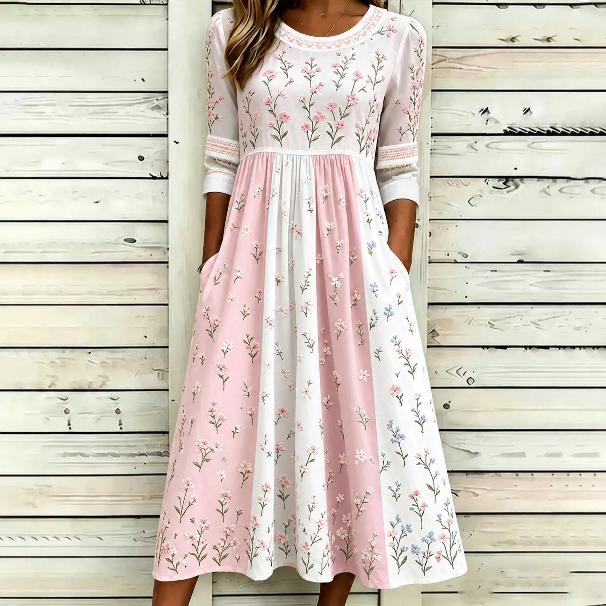 Women's Retro Rose Art Embroidery Color Block Splicing Comfortable Linen Round Neck Dress artswardrobe