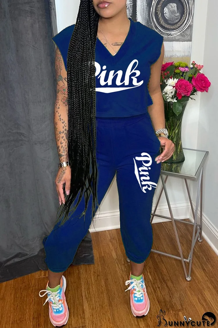 Royal Blue Fashion Casual Letter Print Basic V Neck Sleeveless Two Pieces